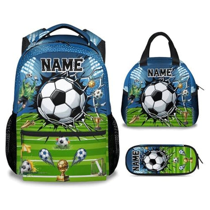 Personalized Kids Backpack for Boys Soccer School Bag Set - 17 Inch Custom Elementary Middle School Sports Themed Bookbag with Lunch Box and Pencil Case - color: Green