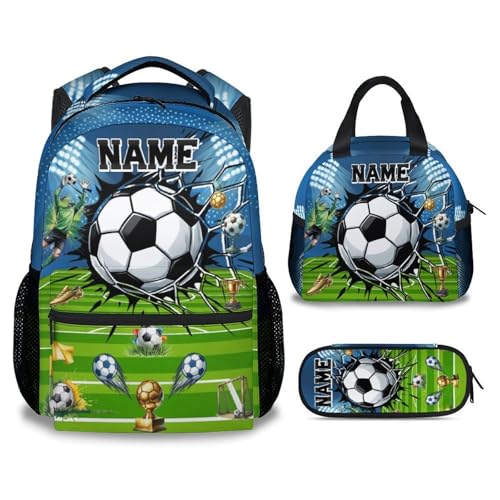 Personalized Kids Backpack for Boys Soccer School Bag Set - 17 Inch Custom Elementary Middle School Sports Themed Bookbag with Lunch Box and Pencil Case - color: Green
