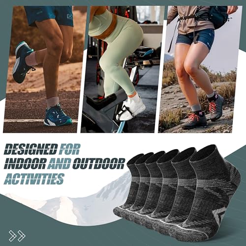 ANTSANG 6 Pairs Merino Wool Quarter Ankle Hiking Running Socks Compression Thermal Thick Cushion Socks for Women Men - color: Black Series, size: Medium