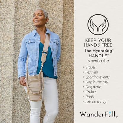 WanderFull HydroBag Handle®, Vegan Leather Hands-Free Crossbody 40 Oz Water Bottle Carrier w/Strap Bundle - color: Taupe