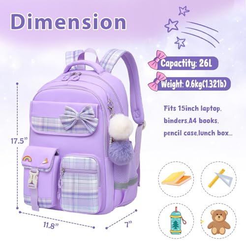 Alrisg Girls School Backpack Preppy Plaid Bookbag Lightweight Backpack for Girls Elementary Middle School Bow Purple - color: Purple, size: 17in