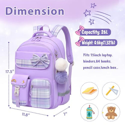 Alrisg Girls School Backpack Preppy Plaid Bookbag Lightweight Backpack for Girls Elementary Middle School Bow Purple - color: Purple, size: 17in