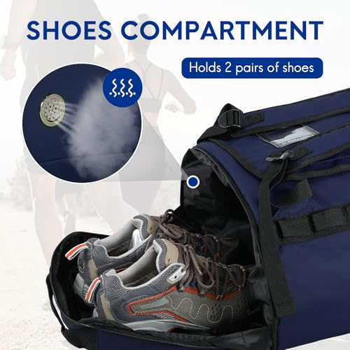 Haimont Duffel Backpack Bag 50L Water Repellent Sports Gym Bag Foldable Men Women with Shoe Compartment for Travel Hiking Camping Outdoor, Navy Blue - color: Navy Blue