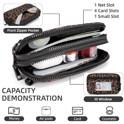 FODOKO Wristlet wallets for women Nylon Quilted Wallet with 4 Zippers,Travel Credit Card,Holder Cell Phone Organizer - color: Brown Leopard