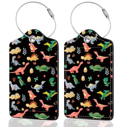 2Pack Luggage Tags for Suitcases, Cute Unique Pu Leather Cruise Luggage Tag with Privacy Cover ID Label Address Card and Metal Ring Suitable for Women Men Kids Travel Bag Dinosaurs and Plants - color: Dinosaurs and Plants