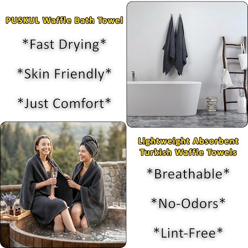 PÜSKÜL Natural 100% Turkish Cotton Waffle Bath Towels Set of 2-Piece | 32x63 inch Extra Large Absorbent Quick-Dry Lightweight Spa Towel | Luxury Sauna Accessories (Dark Gray Bath Towels - Pack of 2) - color: Dark Gray