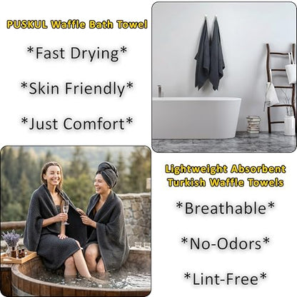 PÜSKÜL Natural 100% Turkish Cotton Waffle Bath Towels Set of 2-Piece | 32x63 inch Extra Large Absorbent Quick-Dry Lightweight Spa Towel | Luxury Sauna Accessories (Dark Gray Bath Towels - Pack of 2) - color: Dark Gray