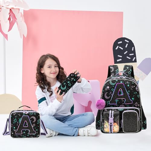 Meetbelify Backpack for Girls Letter Backpacks for Elementary Student Teen Girls Cute School Bag Kids Bookbag for Kids 8-10 - color: Initial a Black