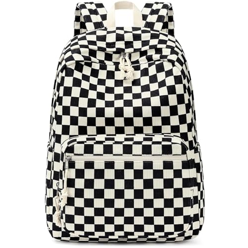 mibasies School Backpack for Girls with Laptop Sleeve: 18IN Large Capacity Corduroy Bookbag for Primary Middle School/College, Travel Daypack for Teens Women - Black Checkered - color: Black Checkered