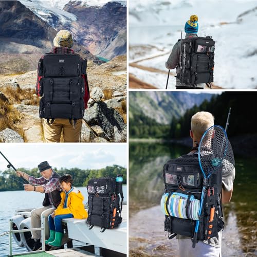 Goture Fishing Backpack with Cooler,72L Large 600D Tackle Backpack with Rod Holders,Dry & Wet Split Compartment,Adjustable Main Compartment,Rain Cover,Insulated Tactical Bag for Travel Camping Hiking - color: Black (Only Bag, Without Tackle Box)