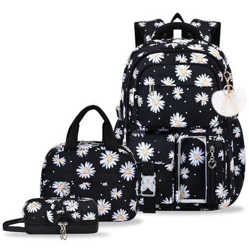 Girls Backpack Set with Lunch Box & Pencil Case, Floral Print Girls School Backpack for Elementary/Middle/High School (Black-Daisy) - color: Black-daisy