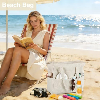 LEDAOU Beach Bag Waterproof Sandproof Women Beach Tote Pool Bag with Zipper for Swim Gym Grocery Travel with Wet Pocket | Sandproof - color: Light Khaki White Stripes