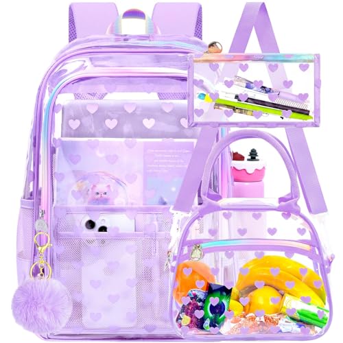 gxtvo 3PCS Clear Bookbag Heavy-Duty Set for Women & Teen Girls, 17" Purple Transparent Backpack with Rainbow Strap, Cute Love See Through School Bag - color: Purple Love Accents Clear Backpack Set