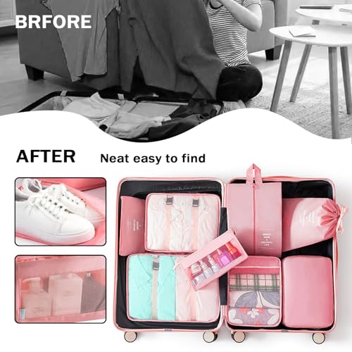 8 Set Packing Cubes for Suitcases, INVODA Travel Luggage Packing Organizers with Laundry Bag, Compression Storage Shoe Bag, Clothing Underwear Bag (Pink) - color: Pink