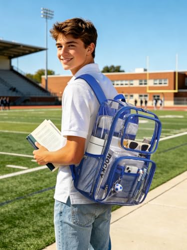 Clear Backpack Heavy Duty for Women Men Boys Girls, Large Clear Bookbag See Through Backpack for School College - color: 9#blue-3m Reflective Strips