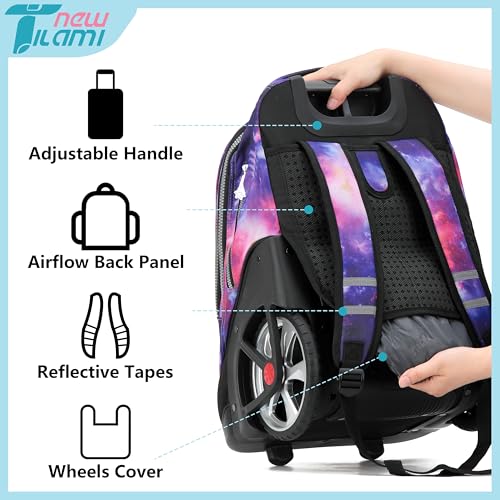 NEW TILAMI 19 inch Rolling Backpack Teens Rolling Backpack Cute Wheeled Laptop Backpack Bookbag Roller Travel Bag College, Starry Purple - color: Purple Starry