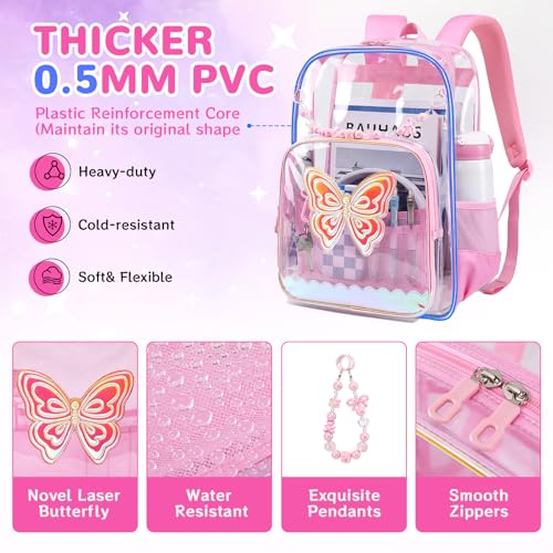 MUSEVOS Clear Backpack for School, Clear Bookbag for Girls PVC Heavy Duty Transparent Backpack,Pink Butterfly - color: Pink