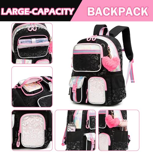 Meetbelify Cute Black School Backpack for Girls Aesthetic Backpacks for Elementary Student Teen Girls School Bag Kids Travel Bookbag for Girls Ages 8-10 - color: Black
