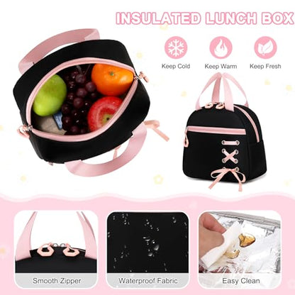 Scothen 3PCS Girls Backpack for School, Kids Backpack for Girls with Lunch Bag Pencil Case, Kids Bookbag Teen Backpacks for Elementary Middle High School (Black-Pink) - color: Black-pink
