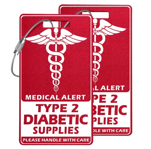 Medical Equipment Luggage Tag for Travel,Red and White with Steel Cable，Medical Device Luggage Tag for Type 2 Diabetes Supplies - Red, 3.5x2 Inches，2 Pack - style: T2