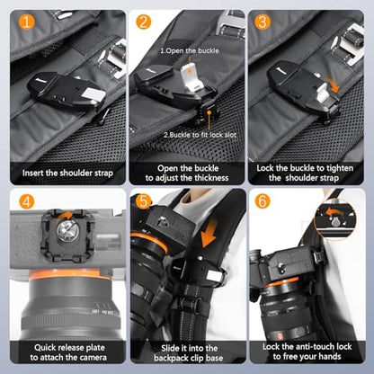 AMAZEAR Camera Backpack Clip for DJI Osmo Pocket 4/DSLR/Action Cameras, One-Handed Bag Strap Belt Clip with Quick Release Plate Mount for Canon Nikon Sony Fuji Go-Pro Cam with Safety Latch, Black