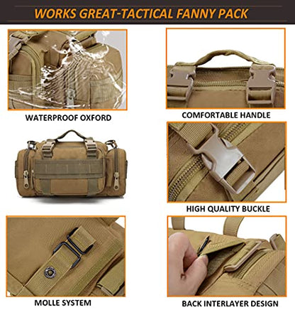 Tactical Duffel Bags for Men, 3P Military Molle Waist Fanny Packs EDC Utility Pouch Crossbody with Shoulder Strap Hand Carry - color: Tan