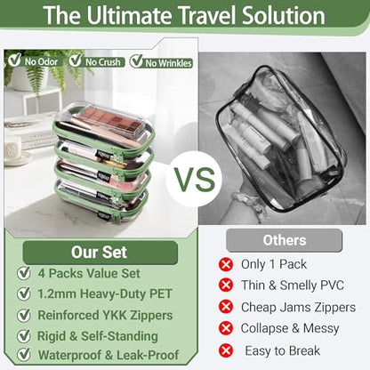YQBRAO 4-Pack Clear Hard Shell Zipper Case, 1.2mm Ultra-Thick Diaper Bag Organizer Pouches, Rigid Self-Standing Travel Makeup Bags with YKK Zippers, TSA Approved, Green - color: Green, size: 4 Pack(S)
