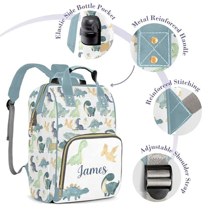 Dinosaur Personalized Name Nappy Bag Large Capacity Baby Diaper Bags, Color Green Monogram Daypack Custom Name Backpack Casual Daypack Bag Gifts for Nephew Son Grandson - color: Green Dinosaur 01
