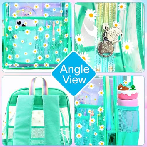 gxtvo 3PCS Clear Bookbag Heavy-Duty Set for Women & Teen Girls, 17" Green Transparent Backpack with Rainbow Strap, Cute Chrysanthemum See Through School Bag - color: Green Chrysanthemum Clear Backpack Set