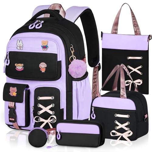 Girls Backpack with Lunch Box, 5pc Cute Bookbag for Kids Teen, Kawaii Aesthetic Elementary School Backpack - color: Purple Black