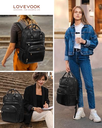LOVEVOOK Vintage PU Leather 15.6 inch Women's Laptop Backpack, Black, 25L, Water Resistant, USB Charging Port