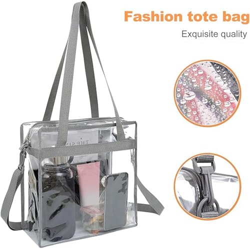 BAGAIL Clear Bags 12x6x12 Stadium Approved Clear Tote Bag with Zipper Closure Crossbody Shoulder Bag with Adjustable Strap - color: Grey