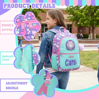 Girls School Backpack for Kids Ages 6-8,Backpack for Girls Cute Cat Lightweight Bookbag Perfect Back to School Gift for Kids with Lunch Box Pencil Case - color: Purple Blue Cat