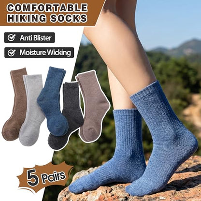 MOGGEI 5 Pairs Womens Merino Wool Socks Hiking Warm Winter Thick Thermal Crew Cozy Cabin Ladies Gift Comfy Boot Work Socks - color: Khaki/Coffee/Gray/Blue
