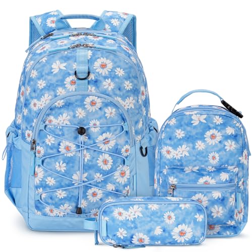 Choco Mocha Girls School Backpack with Lunch Box, Daisy Blue Backpack Set for Teen Girls 18 Inch Backpacks, 3 Pcs - color: Daisy-blue