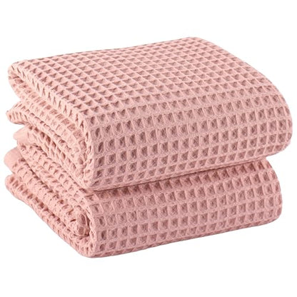 PÜSKÜL Natural 100% Turkish Cotton Waffle Bath Towels Set of 2-Piece | 32x63 inch Extra Large Absorbent Quick-Dry Lightweight Spa Towel | Luxury Sauna Accessories (Pink Powder Bath Towels - Pack of 2) - color: Pink Powder
