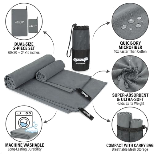 EPAuto 2-Pack Microfiber Quick Dry Towel Set - Lightweight, Super Absorbent & Compact Travel Towels (60"x30" & 24"x15") for Gym, Camping, Beach, Yoga & Backpacking, Gray - color: Grey