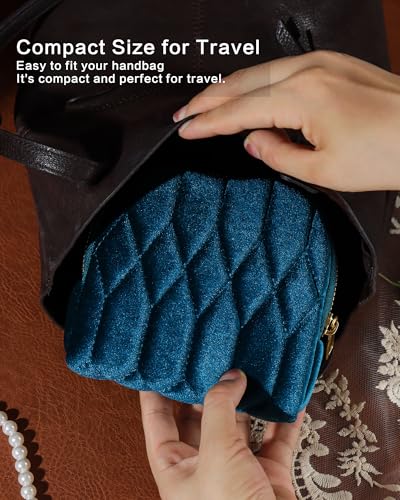 Travel Jewelry Case,Mini Travel Jewelry Bag with Zipper,5-Layer Velvet Organizer Pouch for Bracelet Rings Earrings - Diamond Stitched Velvet Teal Blue - color: TealBlue