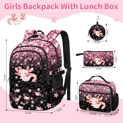 Axolotl Backpack for Girls, Girls Backpacks with Lunch Box and Pencil Case for School, Kids Axolotl Bookbag - color: Axolotl
