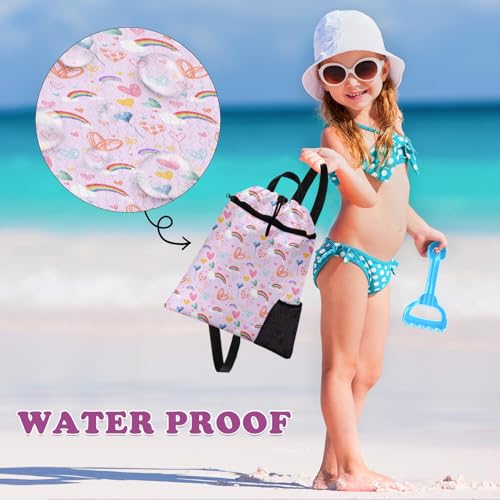 Pink Rainbow Drawstring Backpack, 15” x 17” Waterproof Swim Bag for Beach Swimming Pool, Lightweight Foldable Gym Bag with Water Bottle Holder for Sports Travel - color: Pink Rainbow
