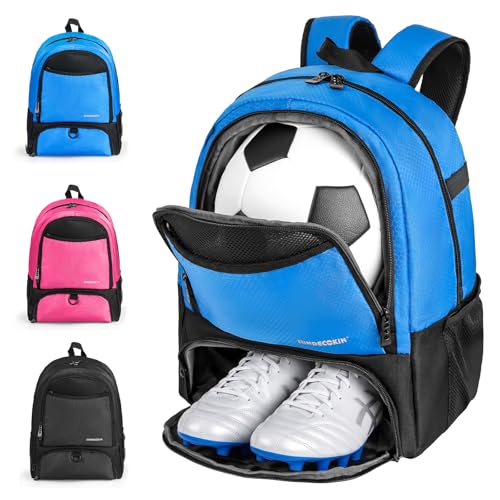 Soccer Backpack with Ball Compartment and Cleat Pocket, Water-Resistant Youth Sports Bag for Soccer Basketball Volleyball, Athletic Gear Bag for Teens & Junior Athletes - color: Blue