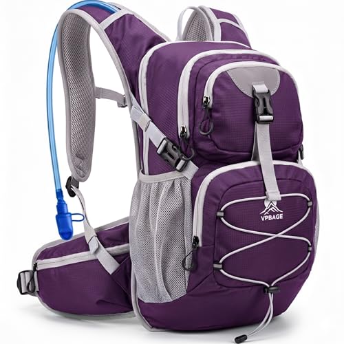 VPBAGE Hydration Backpack with 2L Bladder – Thermal Insulated Water Pack for Hiking, Skiing, Running – Lightweight Daypack for Men & Women, Soft-Lined Sunglasses Pocket & Large Waist Pockets - color: Dark Purple