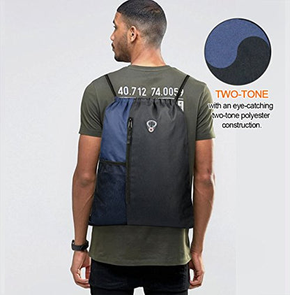 BeeGreen Drawstring Backpack Sports Gym Bag for Women Men Large Cinch Sackpack with 2 Zipper Pockets and Water Bottle Mesh Pockets Black Navy - color: Black/Navy, style: Drawstring With Mesh Pocket