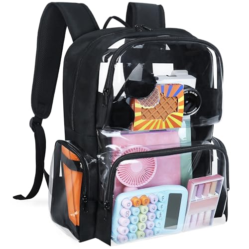 Clear Backpack Heavy Duty,18'' Large Clear Backpack with Multiple Pockets,See Through Bookbag for Boys & Girls,College Work Security,Black - color: Black