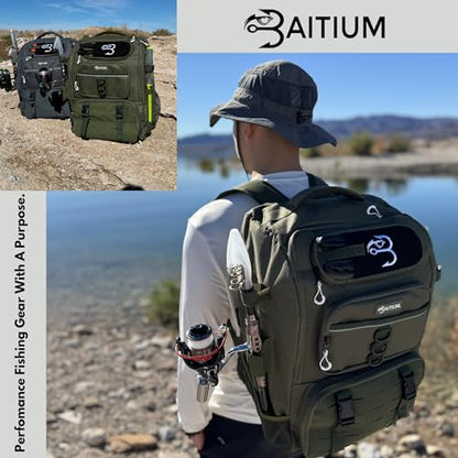 Baitium Fishing Backpack, Tackle Bag With Rod Holders, 40L Capacity With Cooler, Rain Cover, Insulated Pocket, 4 Tackle Trays Included (Jet Black) - color: Jet Black