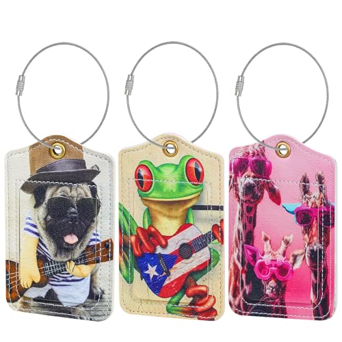 Fishent Luggage Tag (3 Pack) - PU Leather, Rectangular, Cute Animals, Privacy Flap - Travel Tags for Suitcases, Cruise, Backpack, Handbag, School Bag, Baggage Identifier - color: O_cute Animals