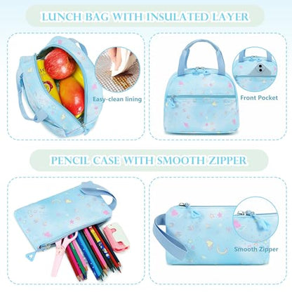 AO ALI VICTORY Backpack for Girls with Lunch Bag Pencil Case Kids School Bags for Kindergarten Elementary Middle Primary Schoolbag Cute 16 inch Laptop Bookbag Students 3 PCS Cute Bookbag, Blue Set - color: Blue Set