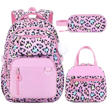 Bevalsa Backpack for Girls 3PCS Teen Girls Pink Backpack for School with Lunch Bag Pencil Case Cute Kids Laptop Backpacks Bookbag for Elementary Middle High School College Student (Leopard) - color: Pink Leopard