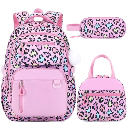 Bevalsa Backpack for Girls 3PCS Teen Girls Pink Backpack for School with Lunch Bag Pencil Case Cute Kids Laptop Backpacks Bookbag for Elementary Middle High School College Student (Leopard) - color: Pink Leopard