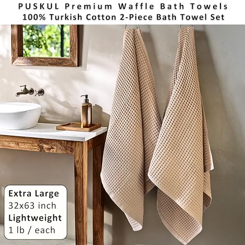 PÜSKÜL Natural 100% Turkish Cotton Waffle Bath Towels Set of 2-Piece | 32x63 inch Extra Large Absorbent Quick-Dry Lightweight Spa Towel | Luxury Sauna Accessories (Beige Bath Towels - Pack of 2) - color: Beige